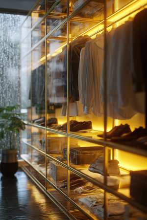 Upscale walk in closet design with illuminated shelves, gold accents and clothing.の素材