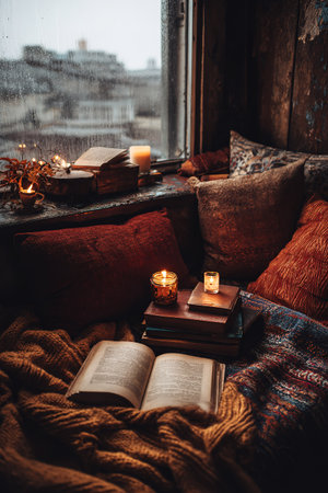 Inviting scene of a cozy reading nook on a rainy day with lit candles.の素材