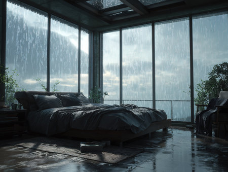 Cozy bedroom interior with large windows offering a tranquil view of heavy rain.の素材