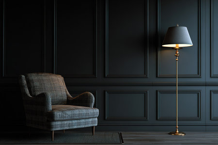 Luxurious dark room featuring a patterned armchair and glowing floor lamp.の素材