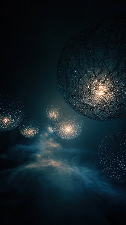 Stunning abstract deep space art with luminous spheres and cosmic clouds.の素材
