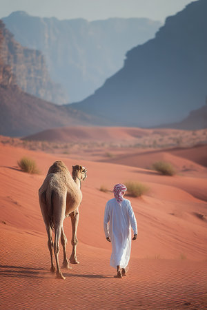 Bedouin man leads camel across sun drenched desert dunes with towering mountains.の素材