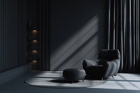 Stylish dark interior, featuring a cozy armchair, rug, and sunlit shadows.の素材