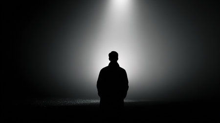 Mysterious man silhouette in dark fog under a dramatic light beam.の素材