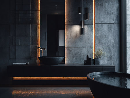 Contemporary dark bathroom with textured walls, elegant fixtures, and mood lighting.の素材