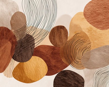 Boho abstract art showcasing organic forms, warm earthy palette, and strokes.の素材