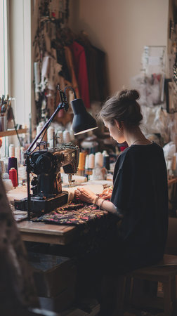 A dedicated artisan meticulously sews on a vintage machine in her craft studio.の素材