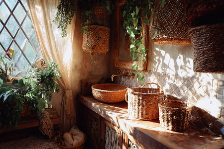 Sunlit bohemian bathroom featuring woven decor, lush plants, and rustic charm.の素材