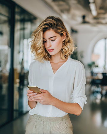 Young, stylish woman focused on her smartphone in a contemporary office.の素材