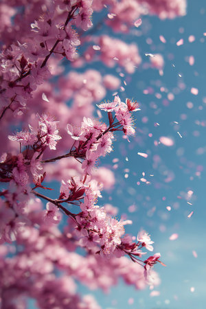 Delicate pink cherry blossoms with petals drifting on a bright spring day, symbolizing renewal and beauty.の素材