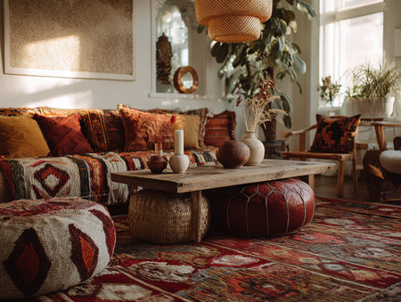 Inviting boho chic interior featuring tribal patterns, wood, plants and sunlight.の素材
