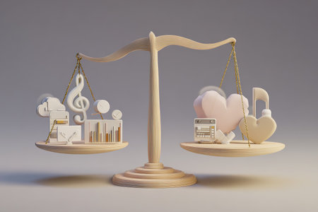 Conceptual 3D art showing digital music tools balanced against hearts and emotion.の素材