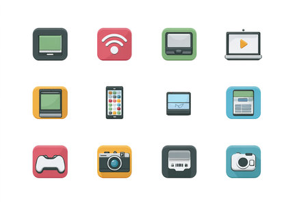 Set of pixel art icons featuring various tech gadgets, media, and communication symbols.の素材