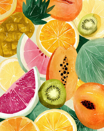 Hand painted watercolor illustration of a colorful, fresh tropical fruit mix.の素材