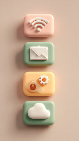 Soft 3D rendered icons for digital services and modern connectivity.の素材