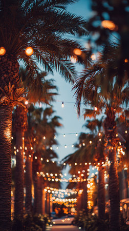 Enchanting tropical path under palm trees with warm string lights at dusk.の素材