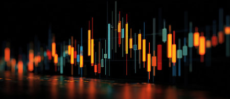 Modern financial data analysis with glowing candlestick charts, dark background.の素材