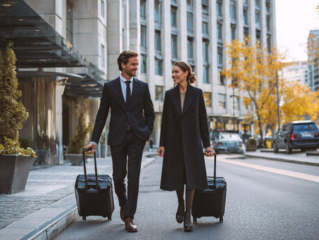 Stylish couple smiling, walking with luggage on an autumn city street.の素材