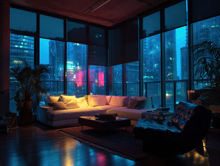 Cozy urban apartment interior with a panoramic view of a cyberpunk city at night.の素材
