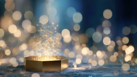 Abstract glowing hexagonal network on golden pedestal, futuristic digital concept.の素材