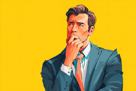 Man in suit ponders with hand on chin. Digital illustration, business concept.の素材