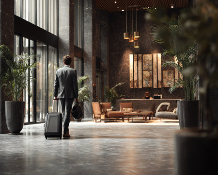 Businessman with luggage walks into a modern, luxurious hotel lobby.の素材