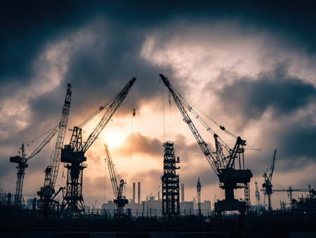 Powerful construction cranes silhouetted against a dramatic cloudy sky at dusk.の素材