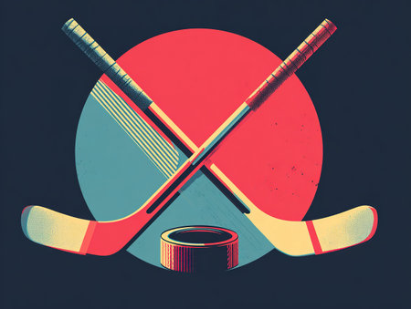 Retro style graphic of hockey sticks and puck on a circular background.の素材