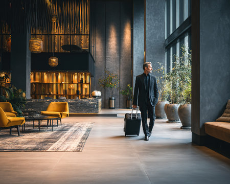 A stylish man with a suitcase navigates a modern, upscale hotel lobby.の素材