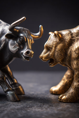 Bull and bear statues symbolize financial market dynamics and conflict.の素材