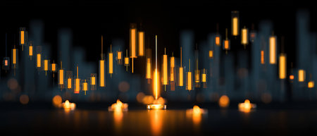 Digital visualization of financial market data using glowing candlestick charts.の素材