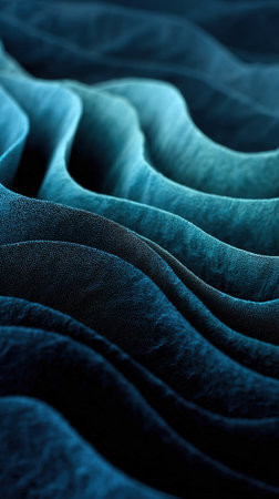Abstract blue waves and folds with glittering texture, depth, and movement.の素材