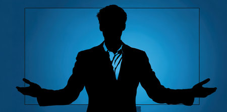 Dynamic silhouette of a professional explaining on a vibrant blue background.の素材