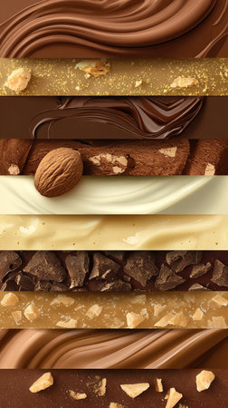 Mouthwatering display of milk, dark, and white chocolate textures and gourmet ingredients.の素材
