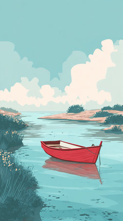 Serene retro pixel art featuring a red boat on a peaceful waterway.の素材