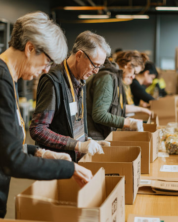 Diverse group of volunteers diligently assembling aid packages for distribution.の素材