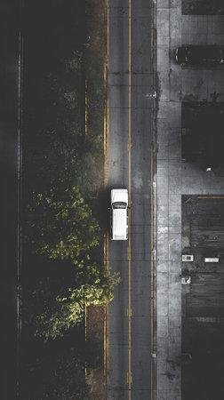Overhead shot of a white van on a city road, trees, and pavement. Moody aesthetic.の素材