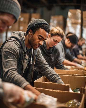 Dedicated team of diverse volunteers sorting donations for community.の素材