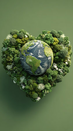Earth globe in a lush green heart, symbolizing love for nature and sustainability.の素材