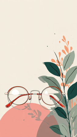 Aesthetic illustration of retro round glasses with a botanical background.の素材