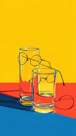Vibrant pop art still life. Eyeglasses on glass tumblers, bold primary colors, sharp shadows.の素材