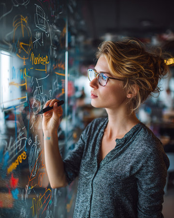 Focused female professional writing on a clear glass board in a modern office environment, symbolizing innovation and strategy.の素材
