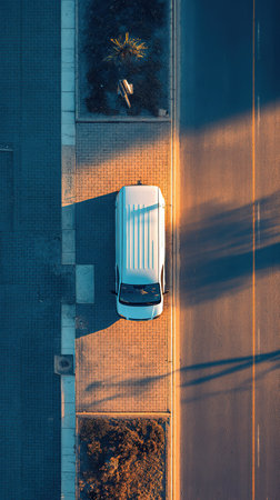 Top down drone shot of a white van parked on an urban sidewalk during sunset.の素材