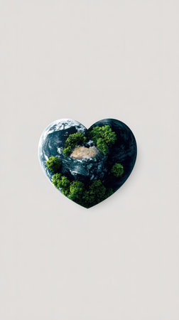 Heart shaped globe with lush forests, blue oceans. Love for Earth, nature.の素材