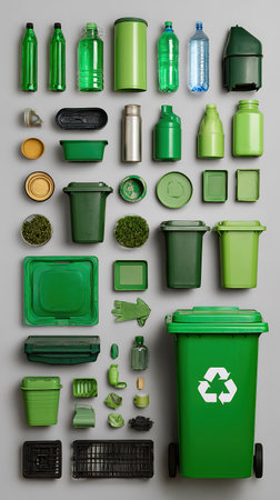 A flat lay composition of diverse green plastic waste and a recycling bin.の素材