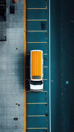Striking aerial perspective of a white van with an orange roof in a city parking lane.の素材