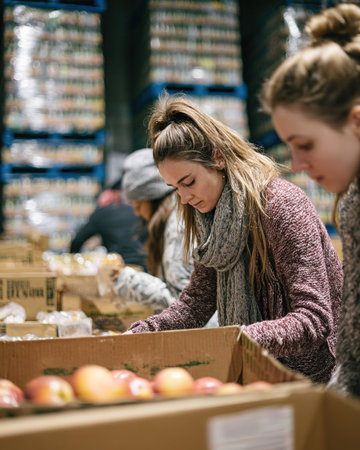 Young women volunteering, sorting fresh produce for community aid in a warehouse.の素材