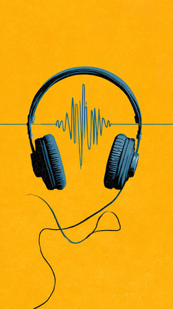 Vibrant illustration headphones, sound waves, orange background.の素材