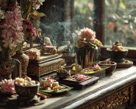 Beautiful spiritual altar scene with burning incense, flowers, and offerings.の素材