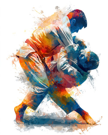 Vibrant abstract watercolor artwork of two martial artists grappling.の素材